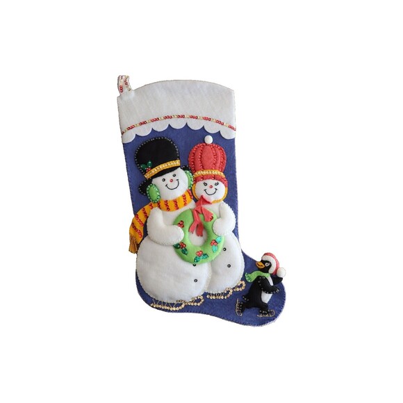 Other - Vtg SNOWMAN 20" Handmade Felt Applique Puffy Stocking Penguin FINISHED